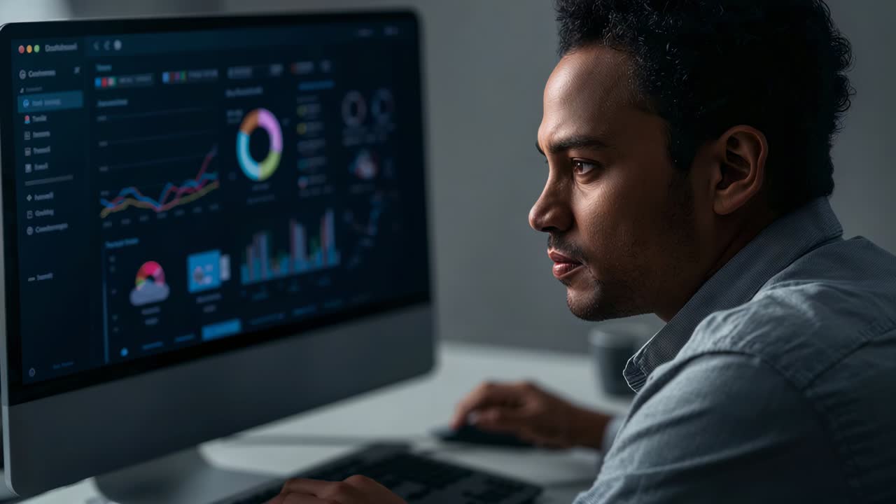 Leaning man in button-up scanning dashboard on monitor while using mouse at office, copy space