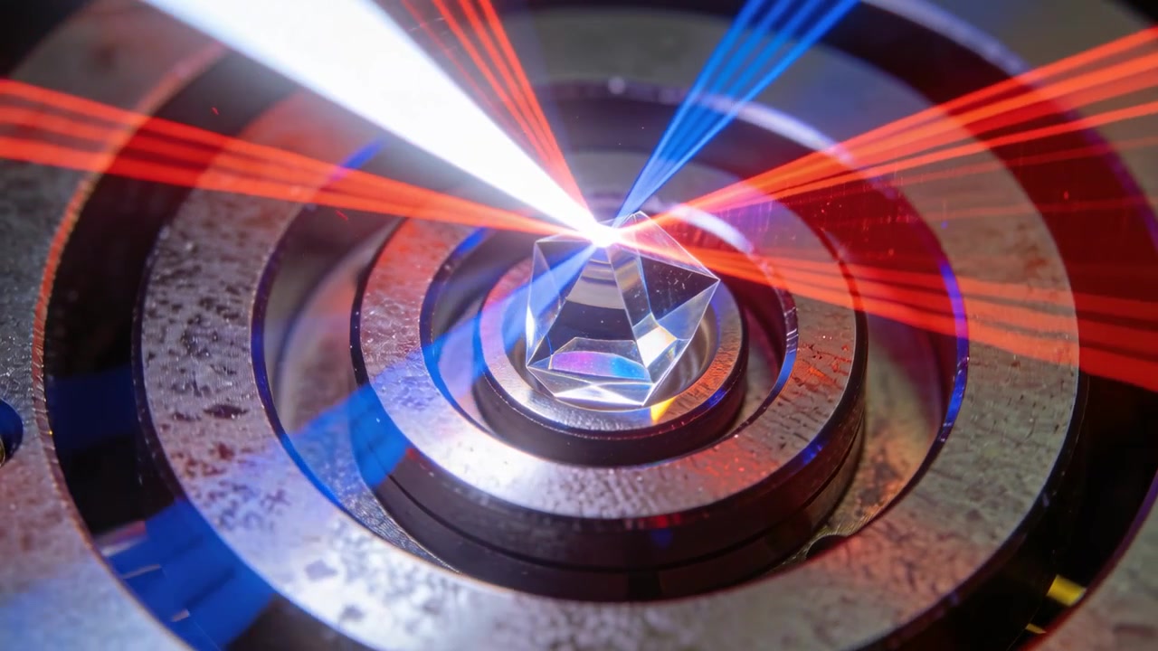 Prisma sfaccettato rifrangente che riceve un raggio laser bianco su un supporto metallico, creando lobi a ventaglio rossi e blu.