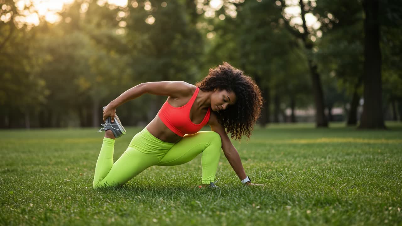 A dedicated athlete performs dynamic stretching in a serene park setting, showcasing agility and commitment to fitness with vibrant workout attire during sunset.