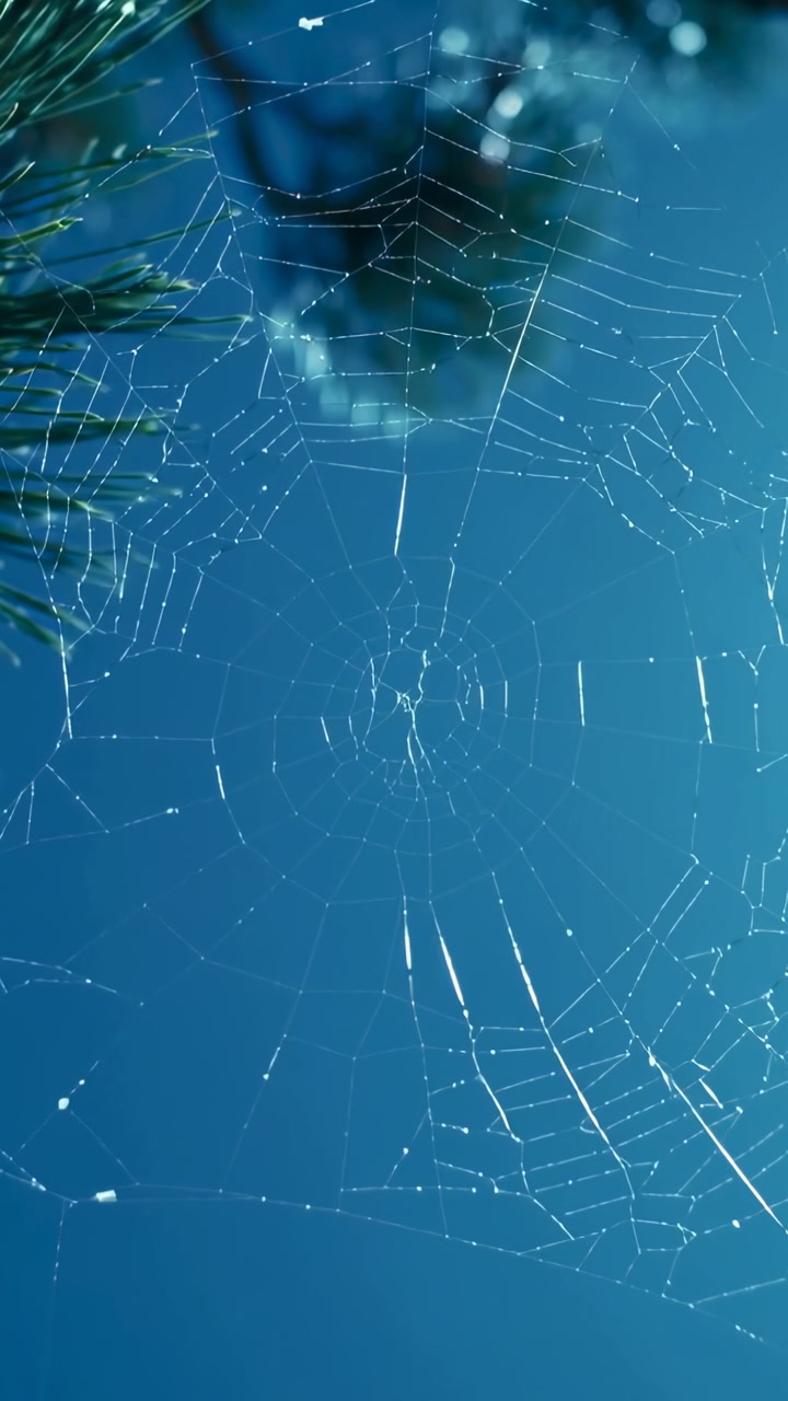 Vertical video: Glistening orb spider web catching sunrise light at conifer tree, with dew droplets