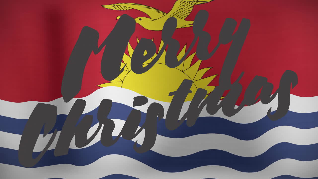 Animation of Merry Christmas text over Kiribati flag with sun and bird emblem