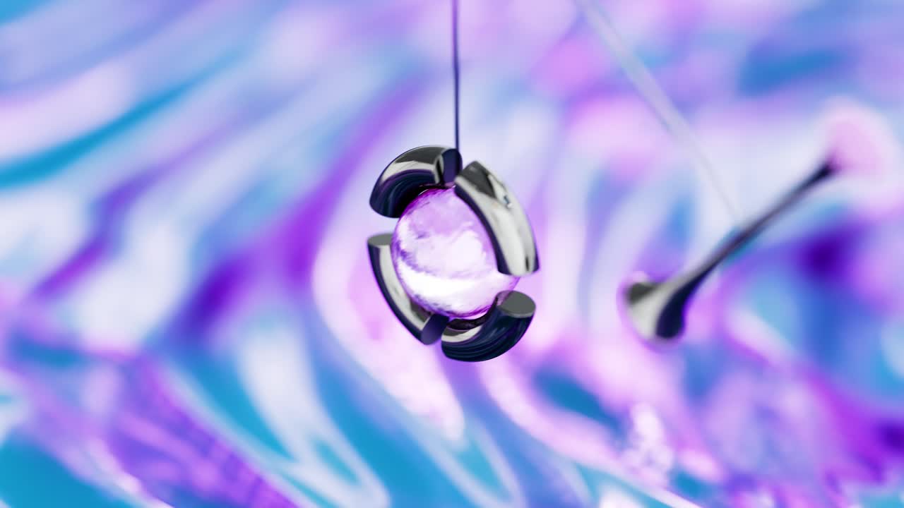 3D rendering loop of hanging objects swinging through ring over purple background