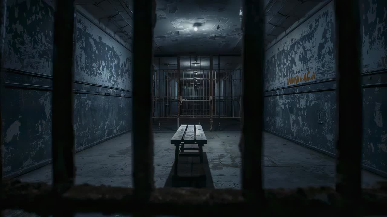 Pulling camera revealing central bench at holding cell, highlighting peeling paint, bars, light