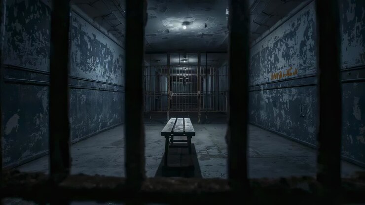 La telecamera si allontana rivelando la panca centrale nella cella di detenzione, evidenziando la vernice scrostata, le sbarre e la luce