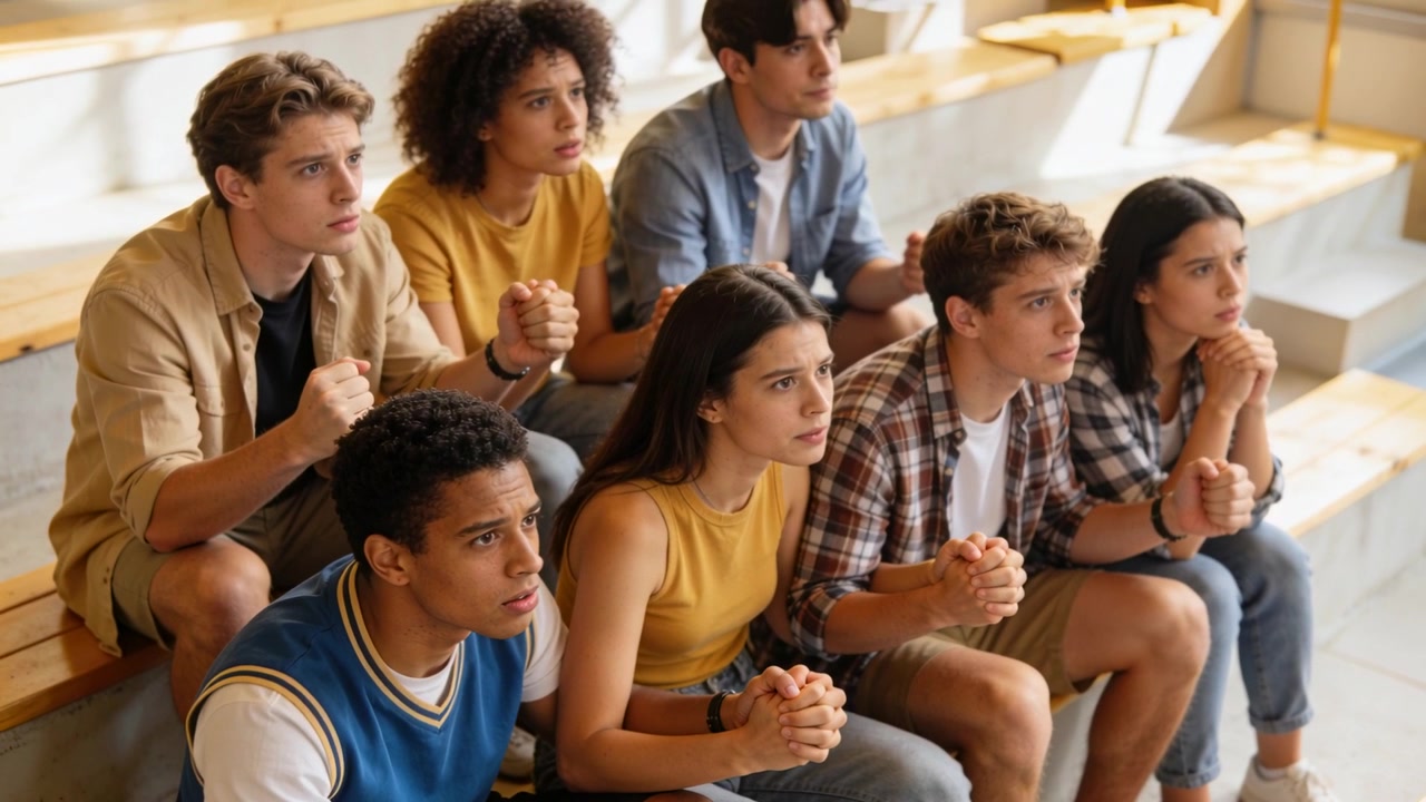 Leaning group of seven teens viewing off-frame play unfolding on gym bleachers, wearing casual wear