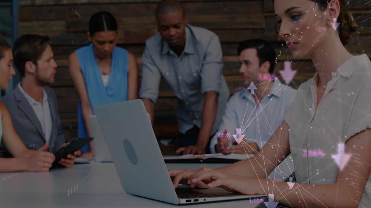 Animation of network of connections with icons over diverse business people in office