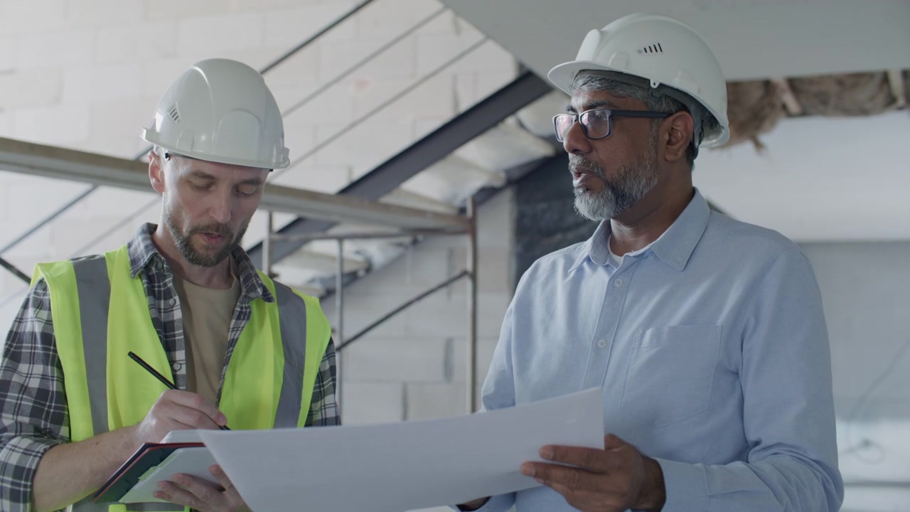 Senior Architect Explaining Construction Plan to Foreman in Unfinished Building