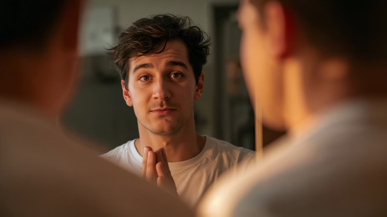 Uomo che guarda, indossa una maglietta chiara, davanti al mobile da bagno, specchio che riflette lo sguardo, si guarda il viso e preme le mani