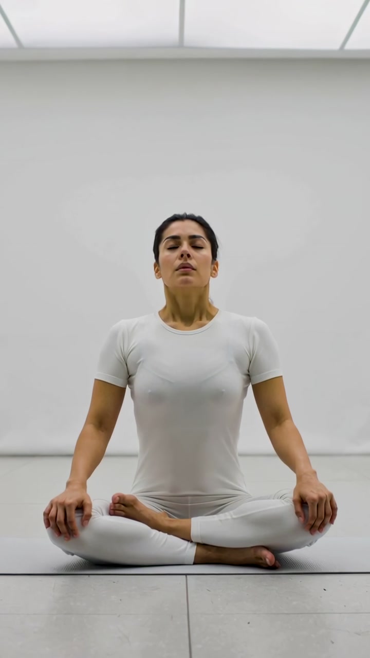 Vertical video: Inhaling woman meditating on dark yoga mat in white studio, wearing white clothes