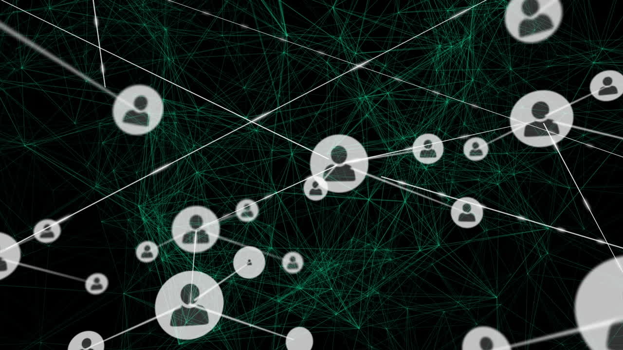 Animation of network of connections with icons over black background