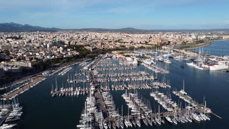 boats anchored in marina of palma de mallorca in sunny day