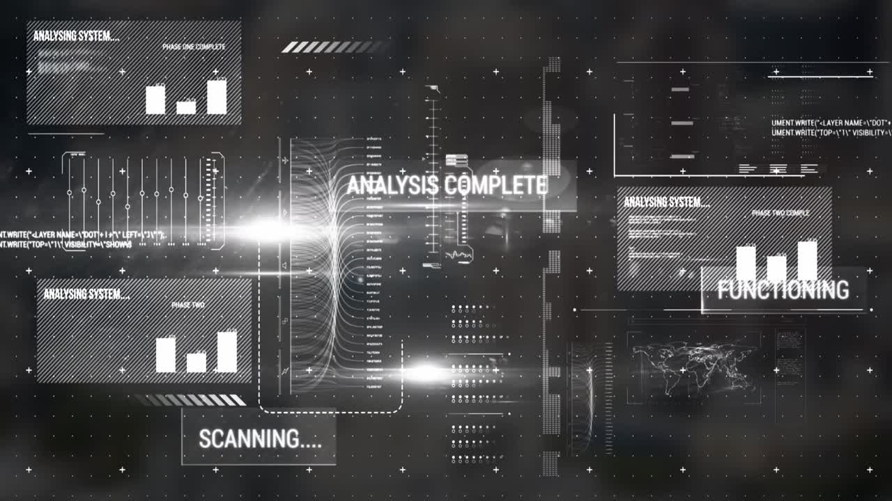 Animation of interface with data processing and light spot against grey background