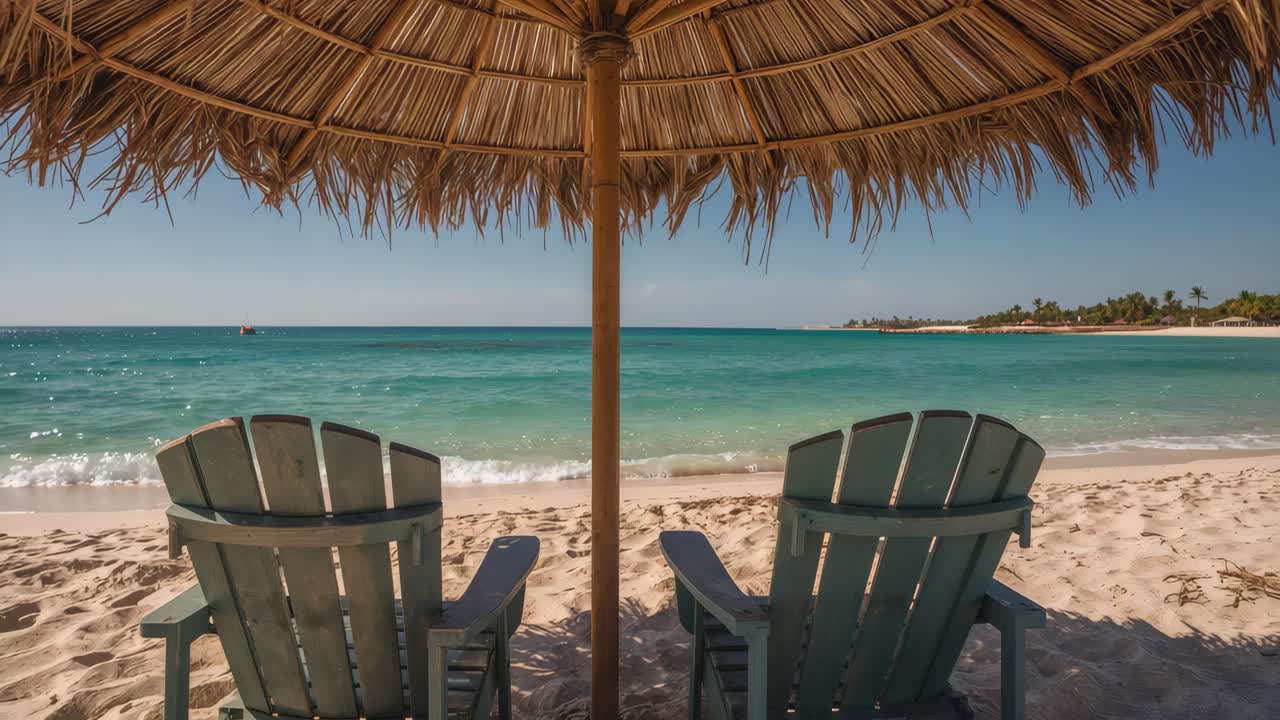 Beach chairs under a tropical umbrella