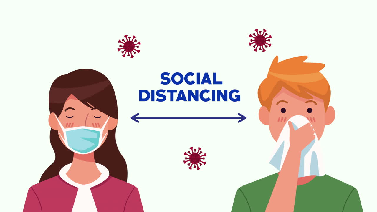커플 캐릭터와 함께 사회적 거리 두기 캠페인