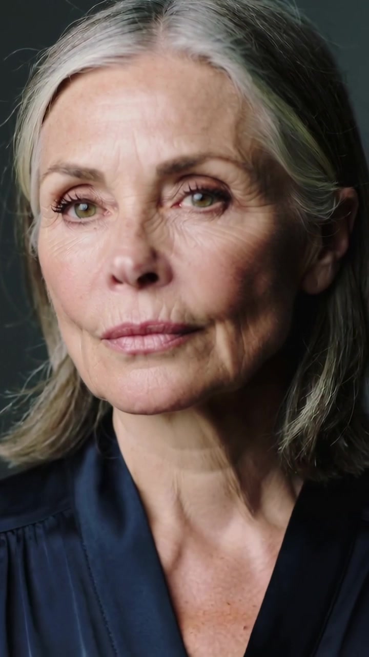 Vertical video: Shutter clicking senior woman shifting gaze and tilting head for portrait navy top