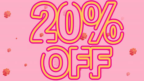 animation of 20 percentage text over flowers on pink background