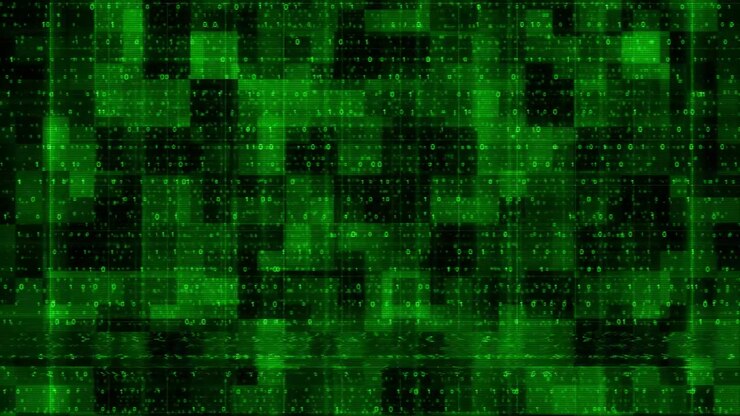 Digital green binary city visual with luminous code walls mirrored floor texture and dark hacker