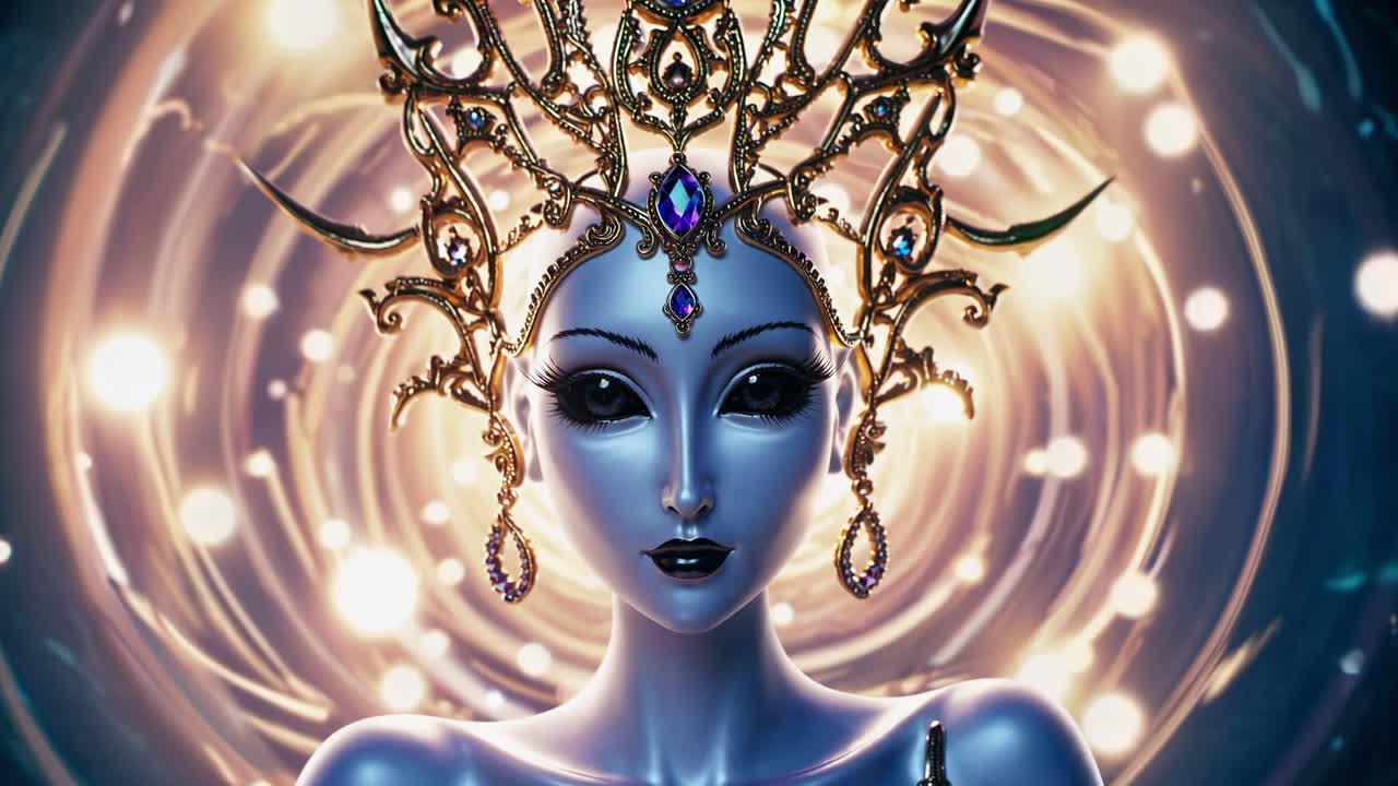 Ethereal cosmic entity with an ornate headdress and enigmatic eyes, emanating an otherworldly aura against a backdrop of swirling cosmic energy