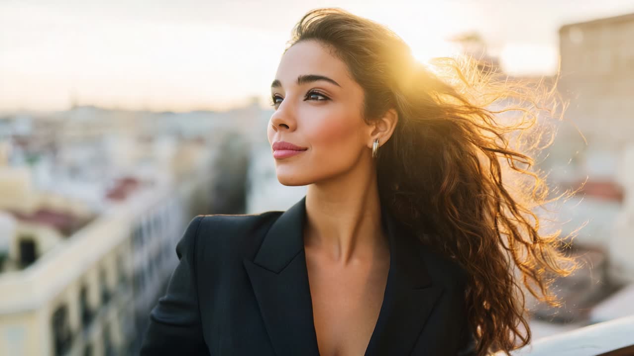 A Captivating Portrait of a Confident Woman Against a Sunset Backdrop, Emphasizing Her Graceful Features and Radiant Expression, Highlighting the Beauty of Natural Light and Urban Landscapes