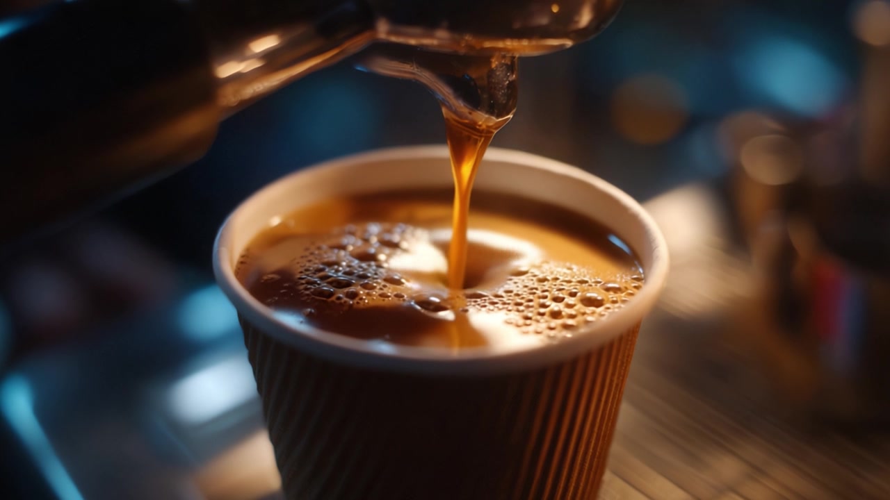 En dampende kop friskbrygget kaffe hældes, hvilket fremviser rig aroma og cremet tekstur, mens den fylder den varme papirkop med en lækker drik.