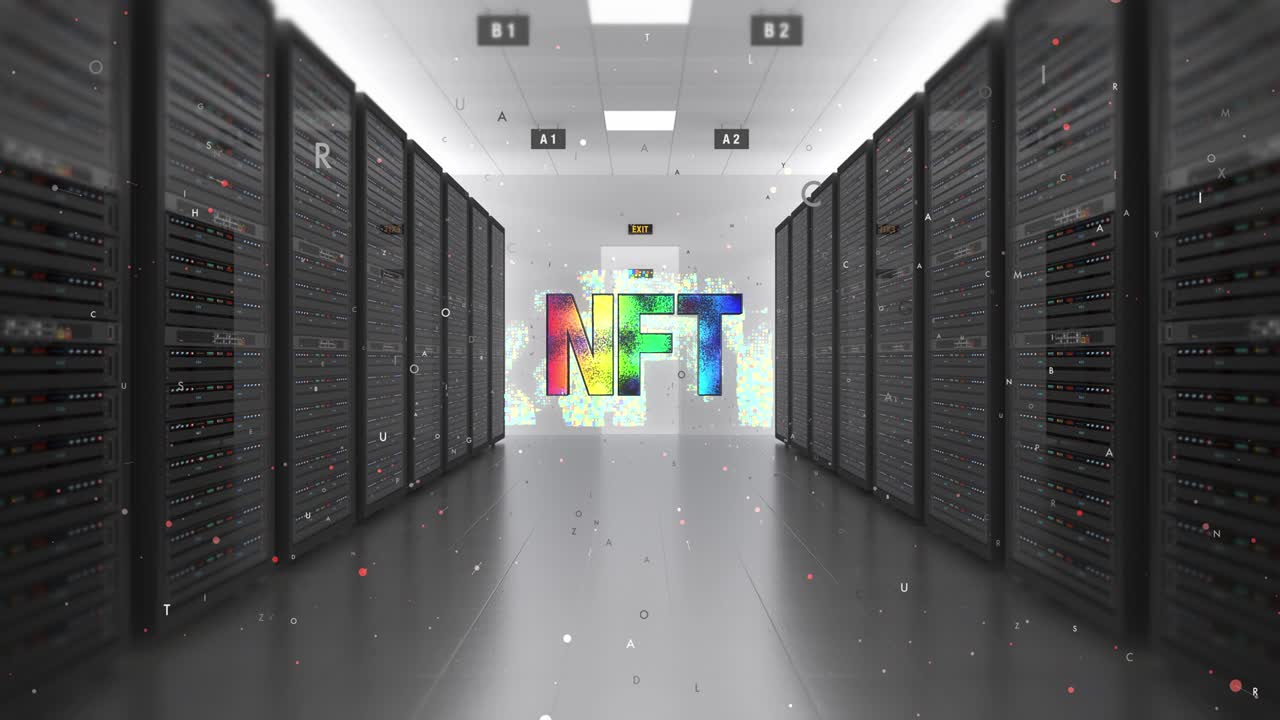 el símbolo de arte criptográfico nft en el centro de datos futurista.