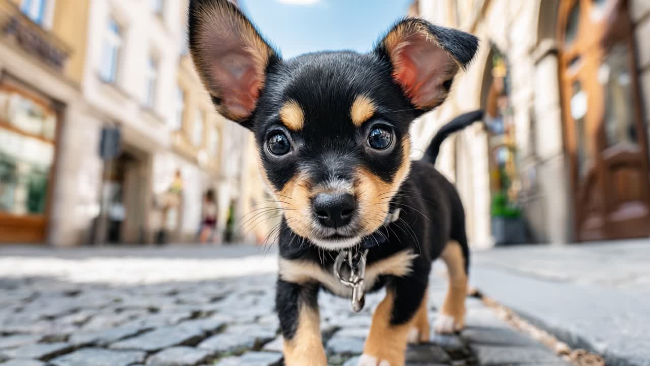 遊び心のある子犬が、好奇心と喜びをもって活気に満ちた街並みを冒険し、石畳の道や都会の景色の中で、若い犬の活発な精神を表現しています。