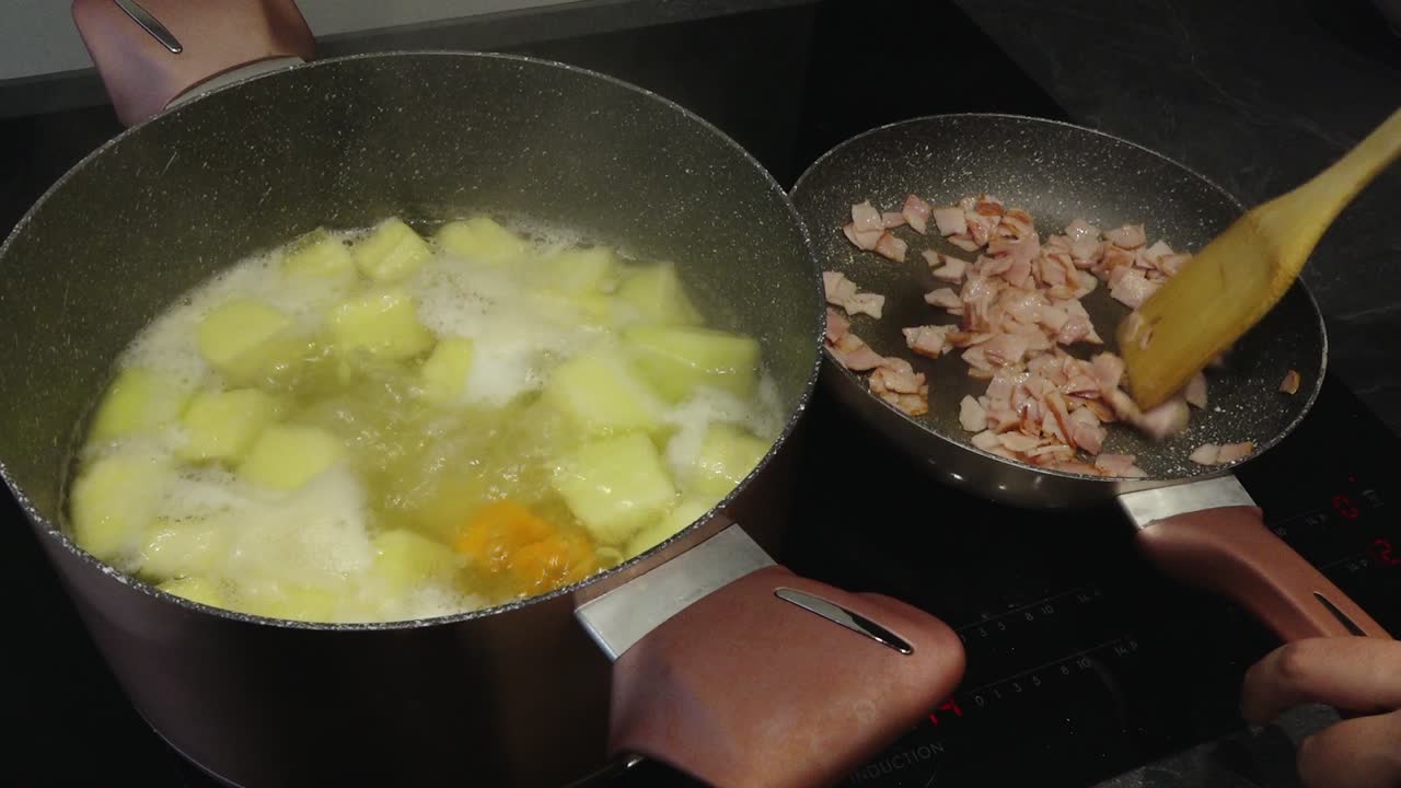 Chopped onions being sauteed in a pan until golden and caramelized, releasing aroma and flavor for a homemade dish