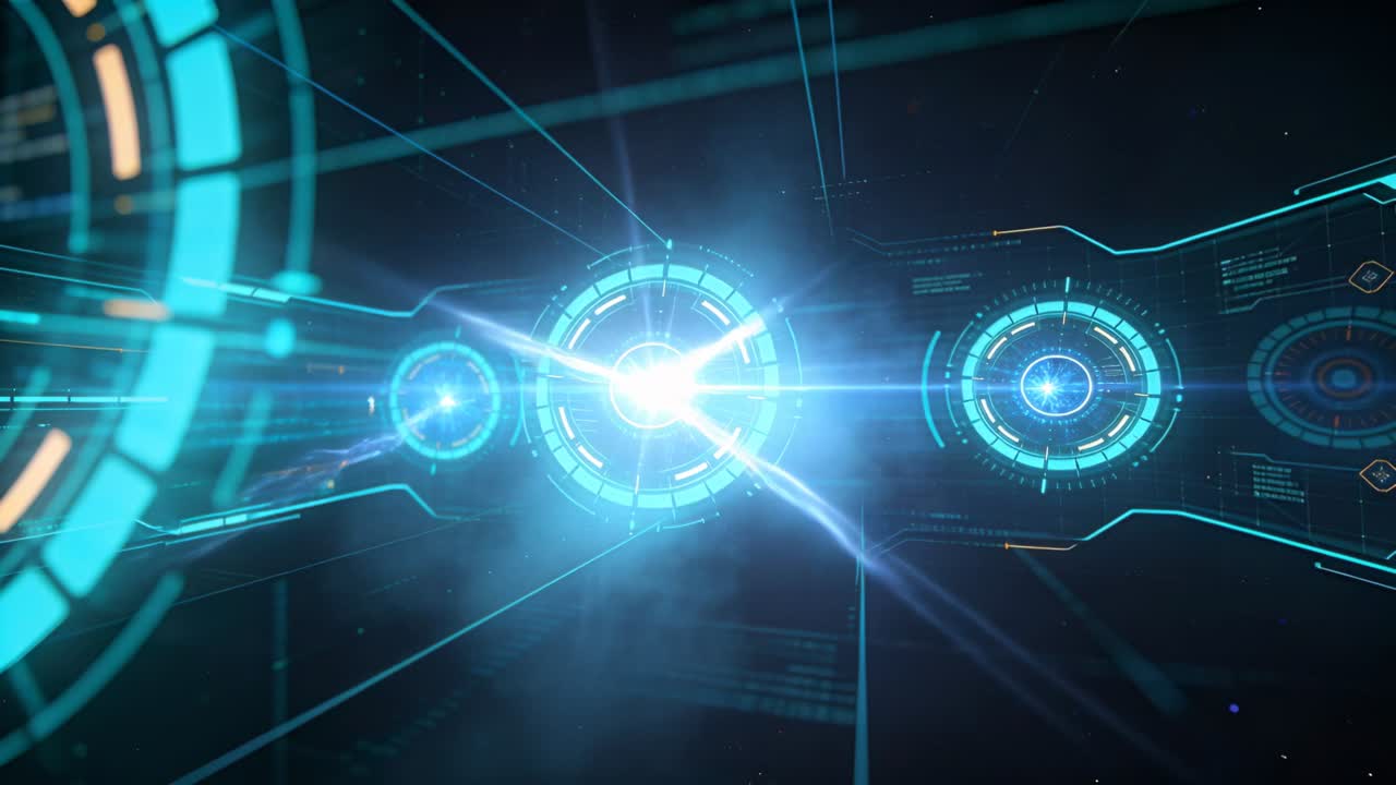 Central hologram interface activating on core flash, sending arc, spinning rings, powering system