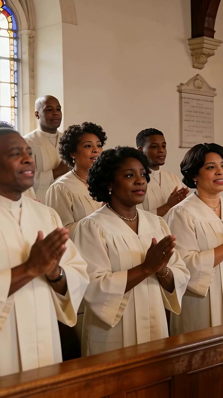Video verticale: Telecamera che panoramica su un coro che canta e applaude per il culto in chiesa, con banchi di legno e vesti color crema.