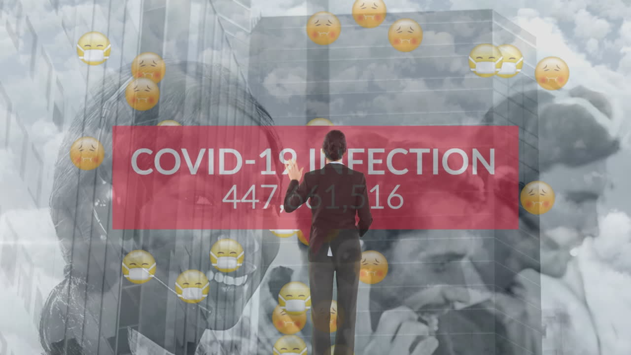 이모지와 코로나 19 데이터 처리와 함께 인터랙티브 화면을 만지는 사업가의 애니메이션