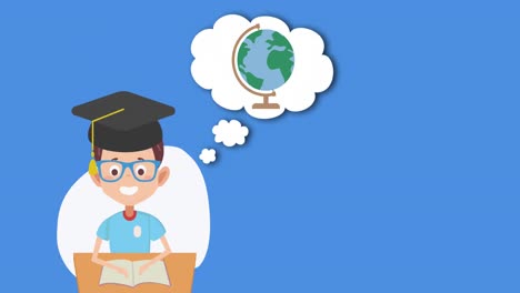 animación digital del icono del niño graduado con globo en la burbuja de habla contra un fondo azul