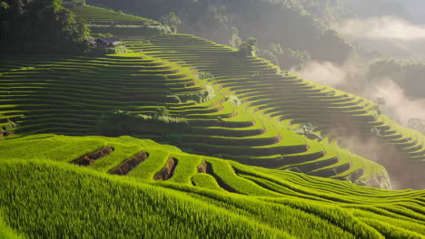 lush green rice terraces in morning mist