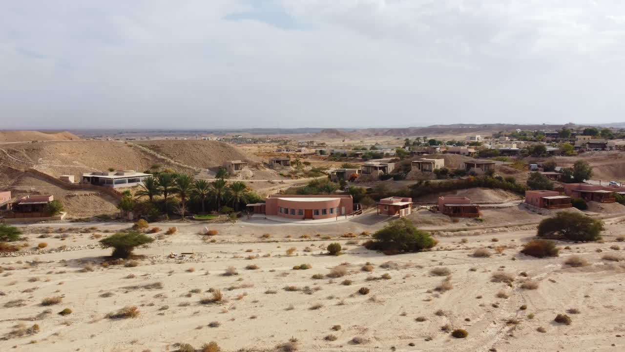Drone shot of Tzukim community settlement, hotels and guest houses in southern Israel in Arava valley