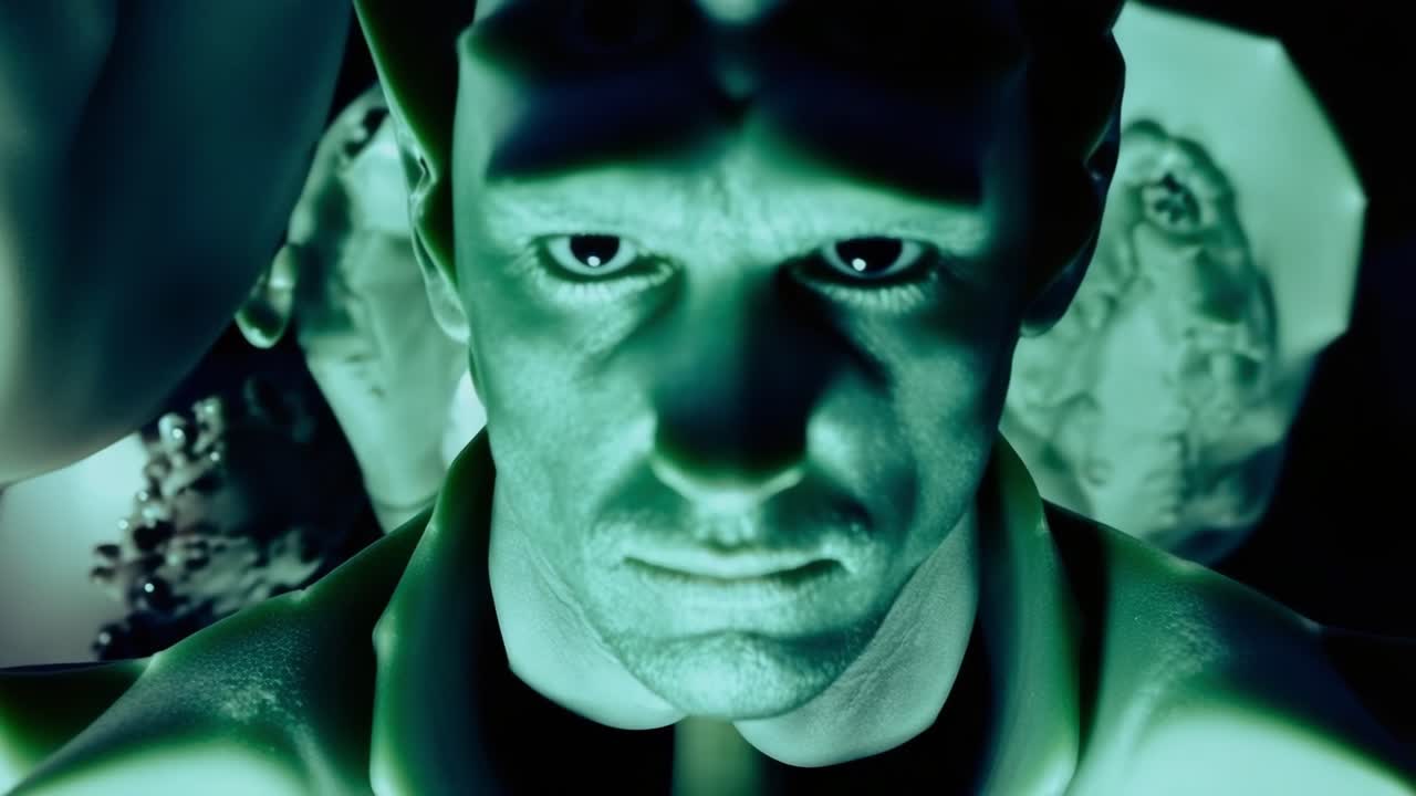 Soldier displaying fierce anger through dark green camouflage makeup, intense battlefield lighting highlighting raw emotion
