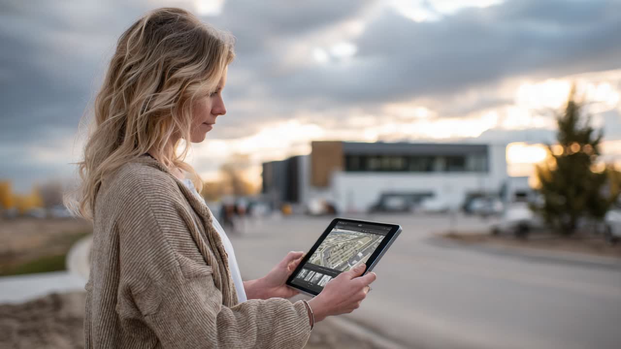 mujer usando tableta al aire libre
