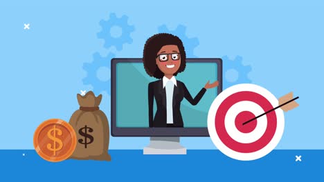 successful afro businesswoman in desktop with money and target