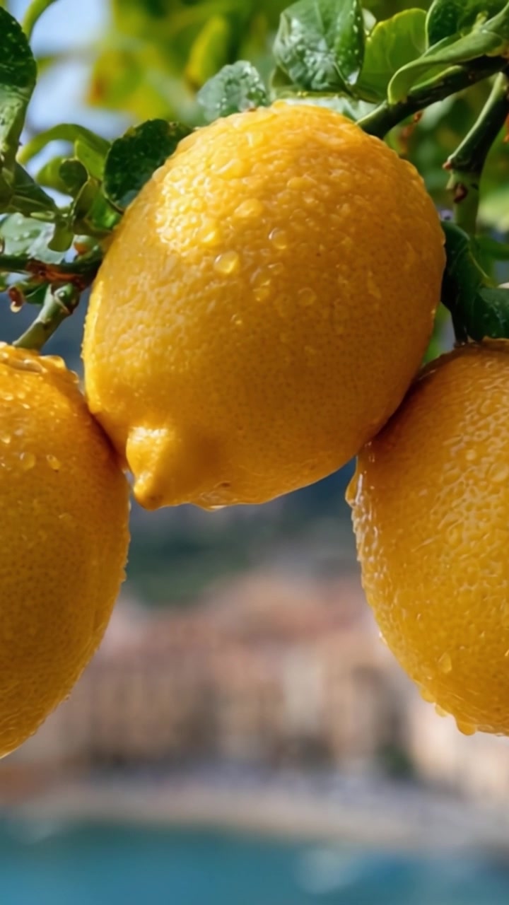 Limoni rigogliosi e freschi appesi a un albero con gocce di pioggia, che mostrano la loro vivace tonalità gialla su uno sfondo panoramico di un villaggio costiero.