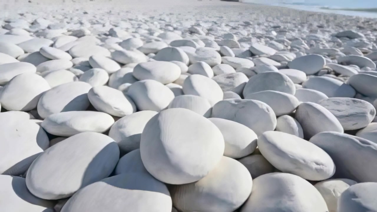Eine tief angesetzte Kamera schwenkt langsam über dichte weiße Kieselsteine am Strand und enthüllt die ferne Küstenlinie.