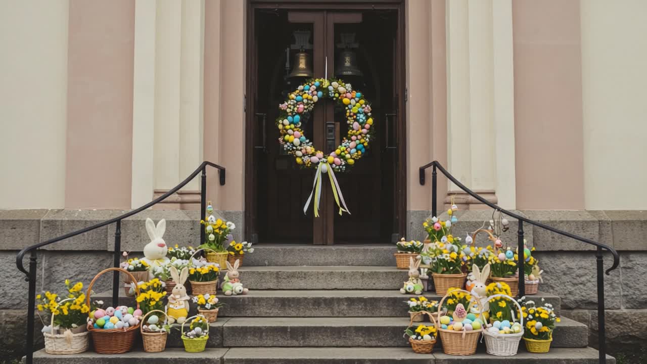 A Beautiful Spring Entrance Decorated with Colorful Easter Eggs, Cheerful Flowers, and Festive Bunnies, Capturing the Spirit of Renewal and Celebration
