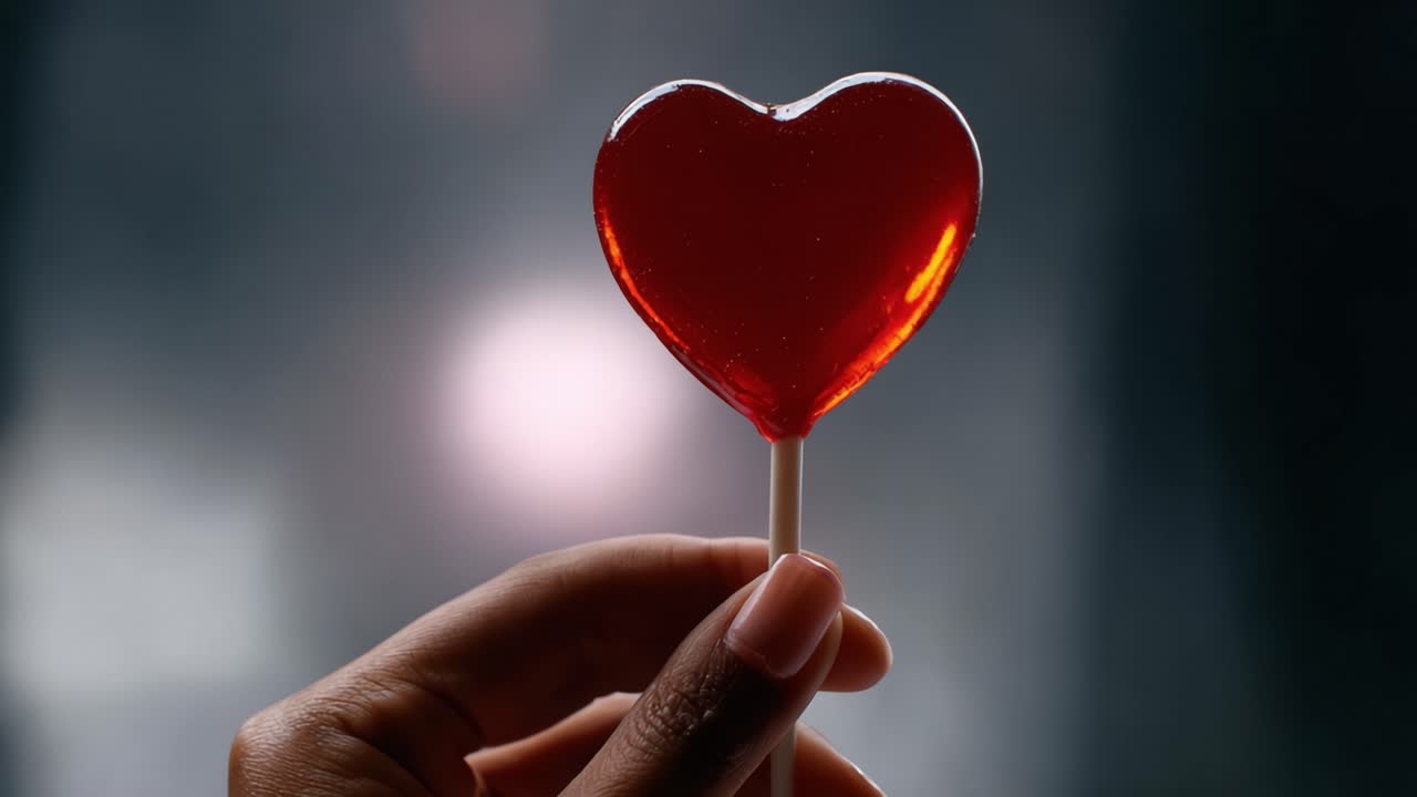 Uma foto de close-up de uma mão segurando um pirulito vermelho em forma de coração contra um plano de fundo suavemente desfocado, enfatizando o amor e as guloseimas de forma divertida
