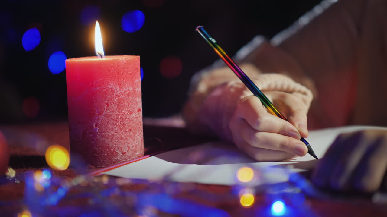 Ragazza bionda scrive una lettera sullo sfondo dell'albero di Natale