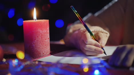 blonde girl writes a letter on the background of the christmas tree