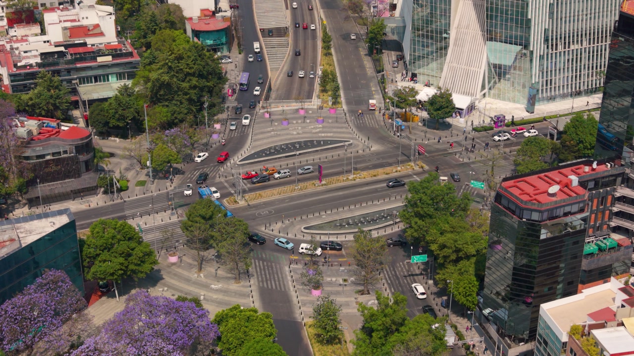 Top-down aerial view of traffic circle on important avenue