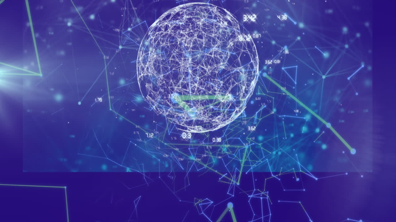 animación de la red de conexiones y procesamiento de datos sobre fondo azul