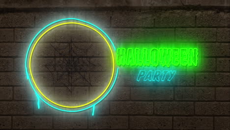 animation of neon halloween greetings and spider in spiders on brown brick background