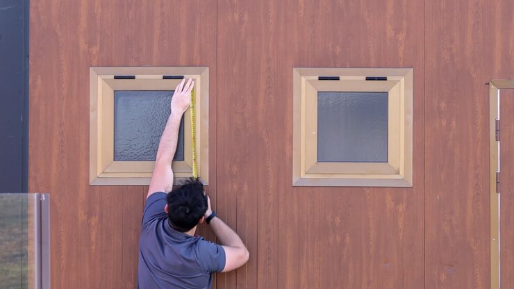 Misurazione delle finestre di un edificio utilizzando un metro a nastro.