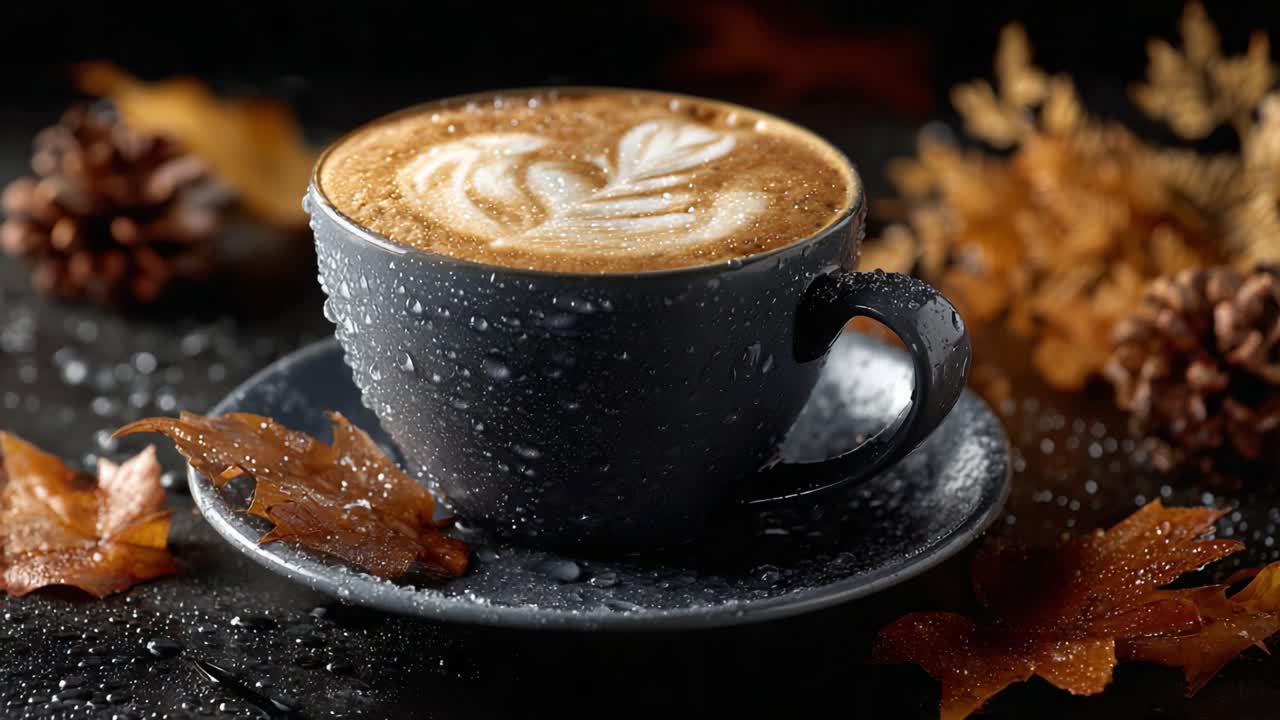 A Cozy Cup of Artisan Coffee: Perfectly Crafted Latte Art Surrounded by Autumn Foliage and Soft Droplets for an Inviting Fall Vibe