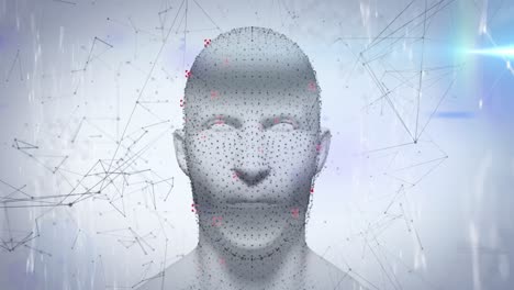 animation of network of connections binary coding over human head on light background