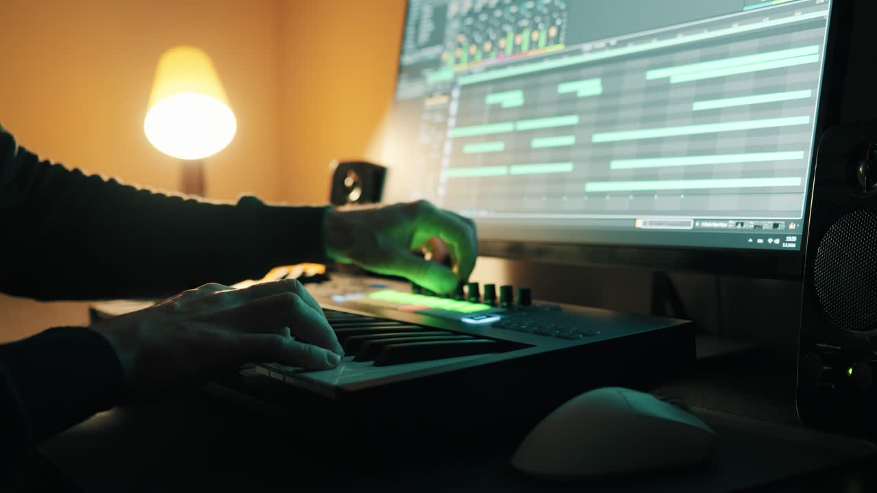Produzione musicale. Uomo che suona una tastiera MIDI e ne regola le manopole. Studio casalingo.
