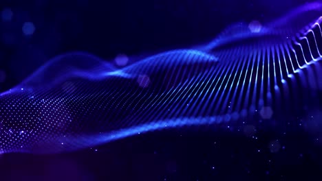 4k looped sci-fi particle background of microworld or space with bokeh and light effects. glow blue particles form lines, surfaces, complex string structures in smooth motion.